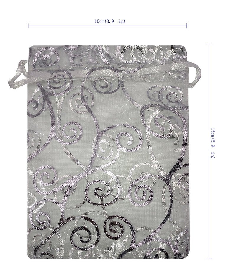 Ankirol 100pcs Sheer Organza Favor Bags For Wedding Baby Shower Rattan Print Gift Bags Samples Display Drawstring Pouches (4x6 inch, silver) - Image 4